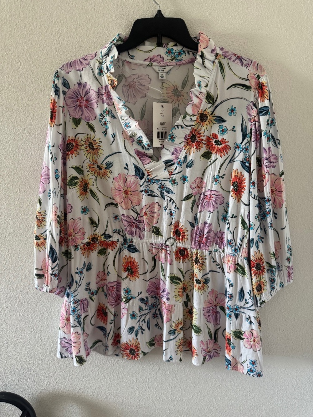 Crown & Ivy White Floral Tiered Babydoll Top Long Sleeve Plus Size 3x NWT